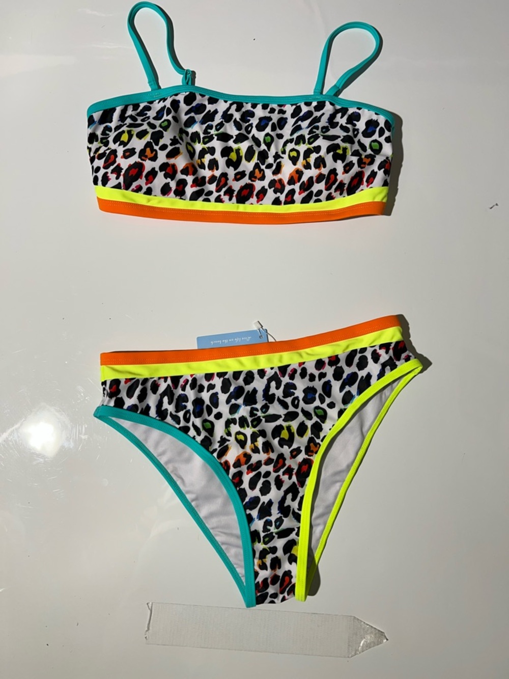 live life on the beach.White Neon Leopard Bikini - Turquoise, Yellow, Orange
